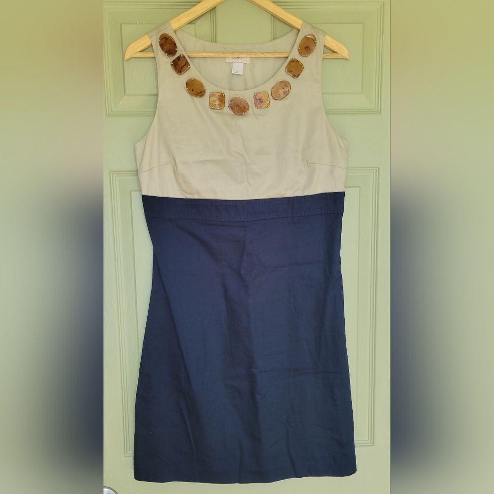 LOFT Navy & Cream Sleeveless Shift Dress W/Decorative Neck Accents Preppy Size 6